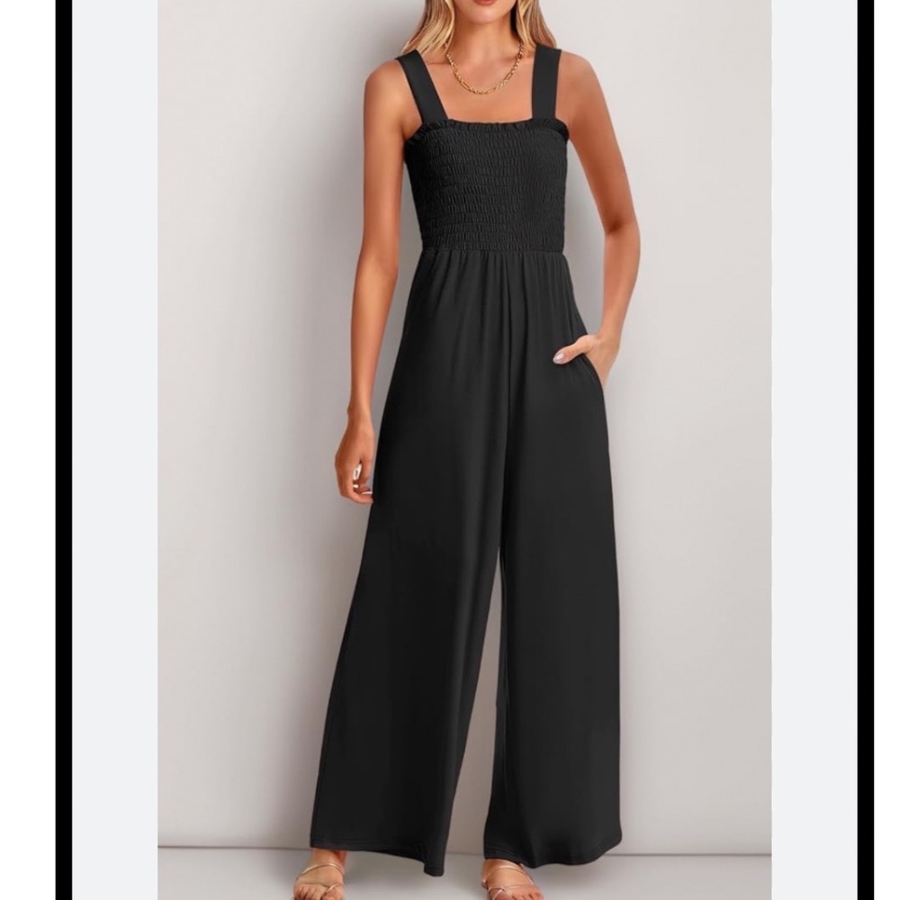 Anrabess NWT Womens Black Smocked Wide‎ Leg Jumpsuit - Smal
